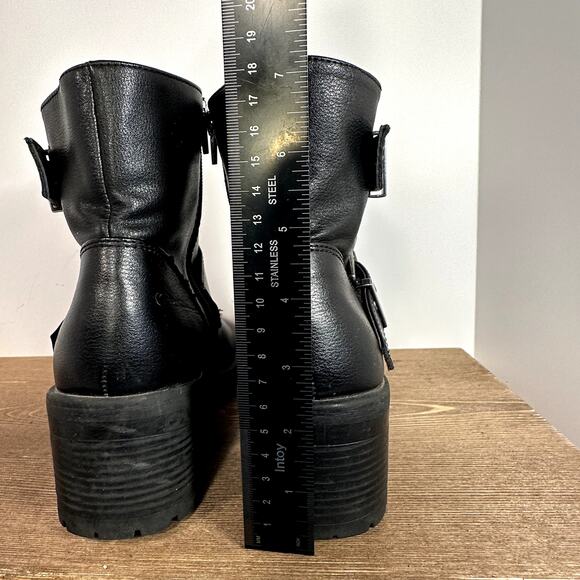 Y2K Chunky Platform Ankle Boots Womens SZ 8.5 Buckle Harness Moto Goth Side Zip - Picture 8 of 9